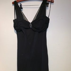 Gorgeous and classic black SILK dress with broach, sheer shoulder straps